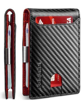 〽️Man Red Black Leather Money RFID Blocking Pocket Bifold Credit Card Wallet